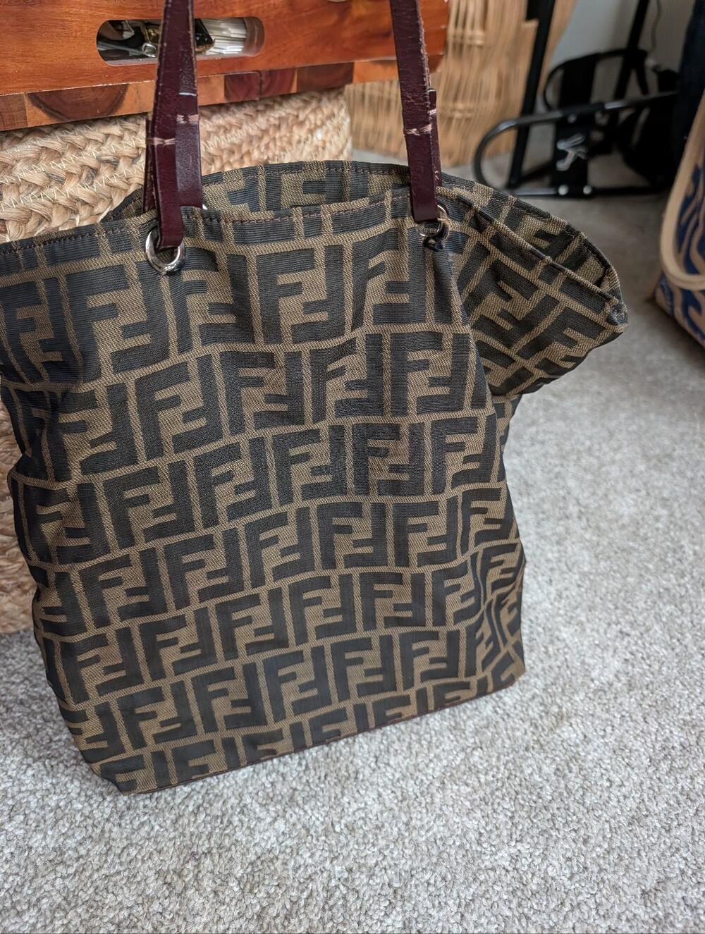 Vintage Fendi Brown and Black Zucca Logo Canvas Tote